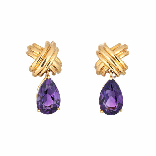 Boucles d'oreilles Boucles d'oreilles pendantes vintage Tiffany & Co en améthyste, années 1990, Signature X Cross, or 18 carats 58 Facettes G13860