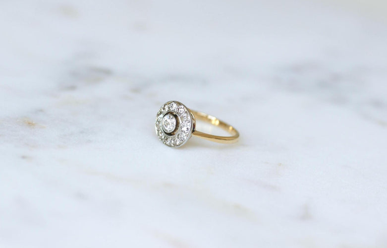 Bague 54.5 Bague Cible en or jaune, platine et diamant - Art Déco 58 Facettes