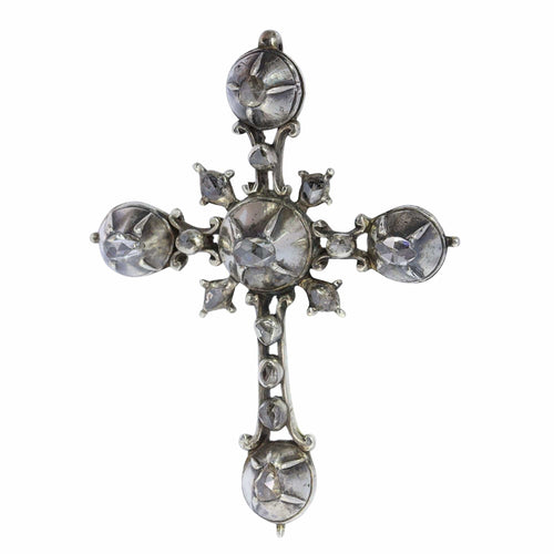 Pendentif Croix d'argent rococo des années 1750 58 Facettes 24121-0345
