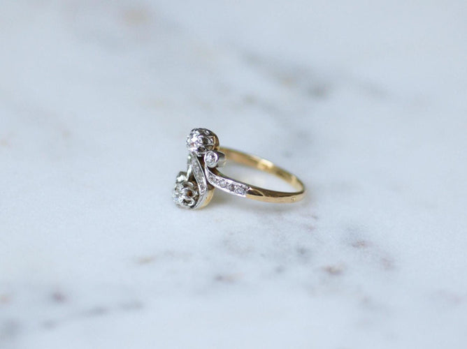 Bague 56.5 Bague Toi et Moi de fiançailles en or jaune et platine, diamants 0,55 ct 58 Facettes