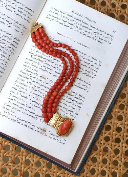 Antique yellow gold and coral bracelet, cameo