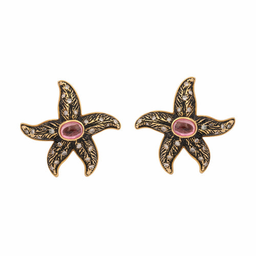 Boucles d'oreilles Boucles d'Oreilles Vintage Etoiles de Mer Tourmaline Diamants Email Or Jaune 18 Carats 58 Facettes BO241