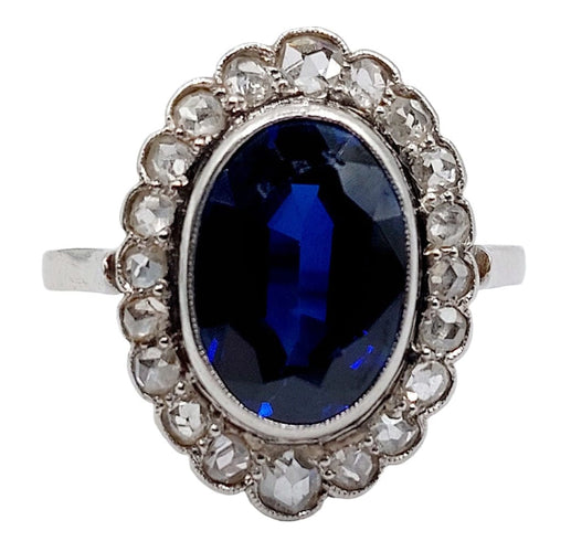 Bague 56.5 Bague marguerite Platine saphir synthétique et diamants taille rose 58 Facettes A05897