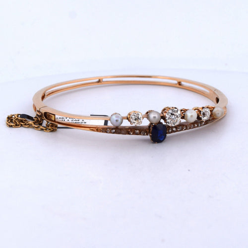 18 ayar sarı altından vintage bilezik, inciler, safir ve elmaslarla 