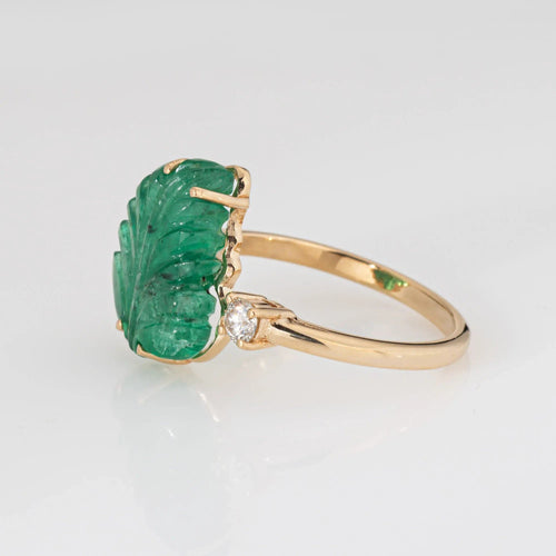 Bague 57 Bague en or jaune 18 carats avec feuille d'émeraude sculptée, taille 7,5, diamants, bijoux fins 58 Facettes G13658