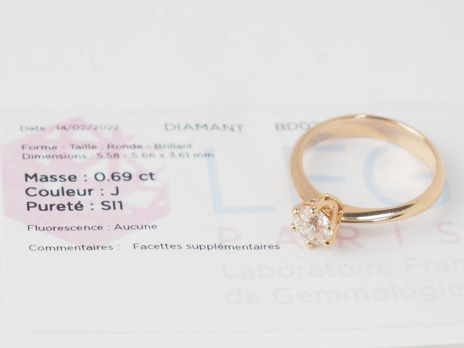 Bague 51.5 Bague solitaire en or rose et diamant 0.69ct certifié 58 Facettes 31906