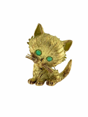 Broche Broche italienne rétro en forme de chat en or rose, blanc et jaune avec émeraudes 58 Facettes