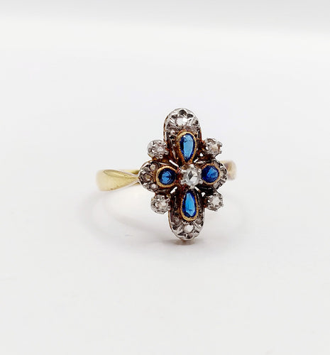 Bague 55 Bague duchesse antique diamants taille roses et pierres bleues en or 18k et platine 58 Facettes A06416