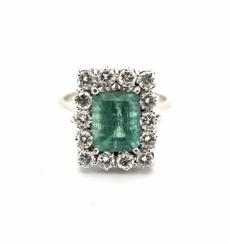 Bague 55 Bague en or blanc 18 carats avec émeraude et diamants 58 Facettes