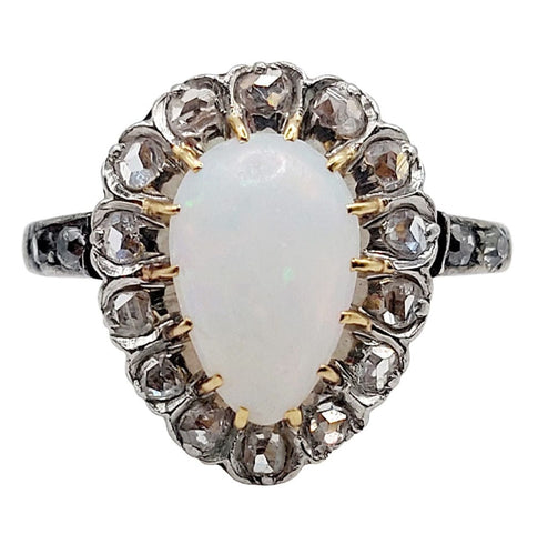 Bague 52 Bague pompadour antique or blanc 18k opale cabochon et diamants taille roses (circa 1900) 58 Facettes A05057
