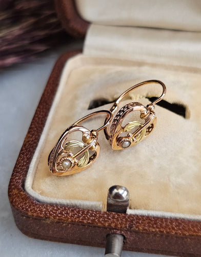 Boucles d'oreilles Dormeuses anciennes coeurs or rose, or jaune, perles 58 Facettes 613