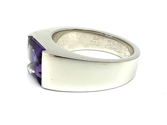 Bague 55 CARTIER. Collection "Tank", bague or blanc et améthyste 58 Facettes