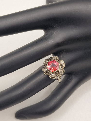 Bague 56.5 Bague ancienne en or, argent, diamants et saphir rose 58 Facettes