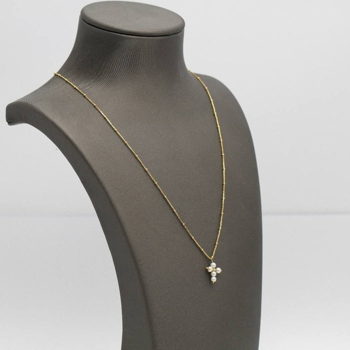 Collier chaîne en or jaune avec pendentif croix avec perles 58 Facettes E363221B