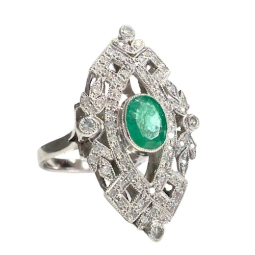 Bague 58.5 Bague navette de style Art Déco en platine avec diamants et émeraude 58 Facettes Q892A