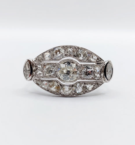 Umgekehrter Marquise-Ring Art Deco aus 18K Gold und Diamanten im Altschliff 