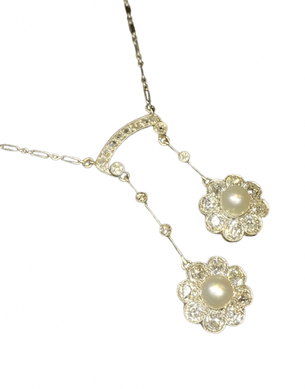 Collier Collier art deco négligé or jaune 18k platine diamants perles 58 Facettes 240471