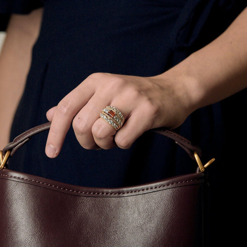 Bague 51.5 Bague large en or jaune torsadé citrine madère et diamants tailles ancienne. 58 Facettes