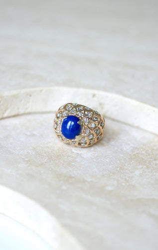 Bague 52 Bague Cocktail rétro or jaune, Lapis Lazuli et Diamants 58 Facettes