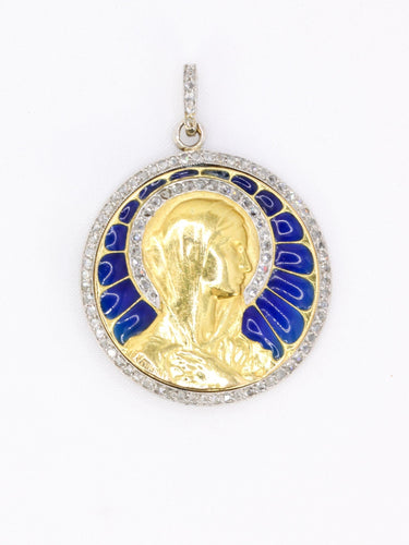 Pendentif VERNON Médaille Art Nouveau émail plique-à-jour or jaune diamants 58 Facettes 1153.9