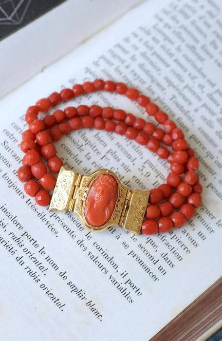 Antique yellow gold and coral bracelet, cameo