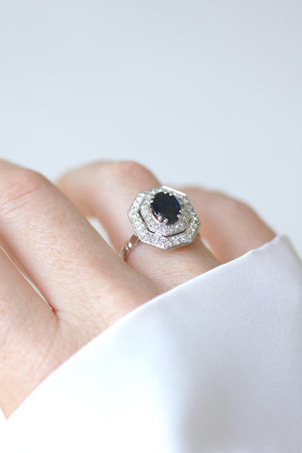 Bague 56.5 Bague Octogonale Saphir et Diamants Style Art Déco 58 Facettes