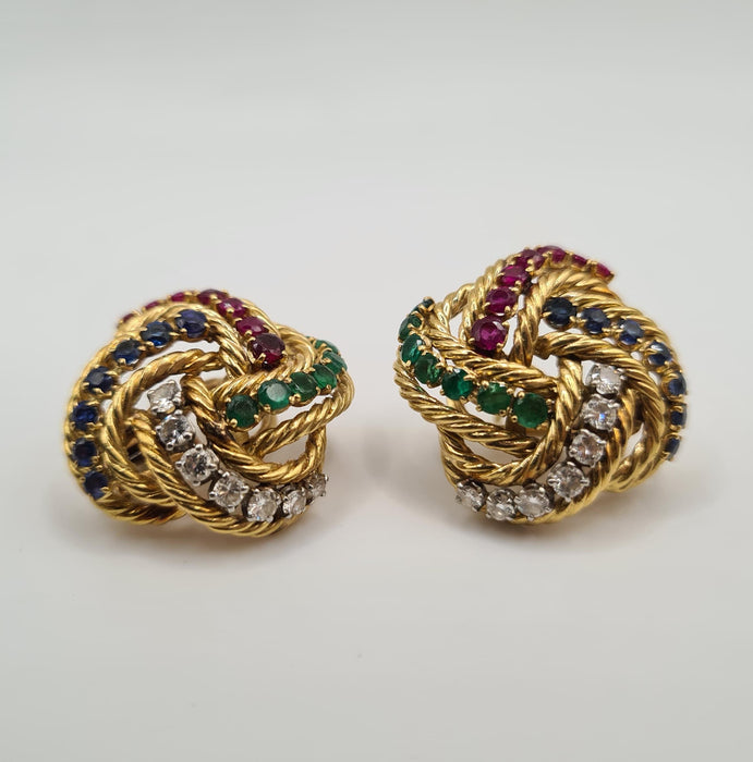 BOUCHERON - Yellow gold earrings set with diamonds, sapphires, emeralds and rubies