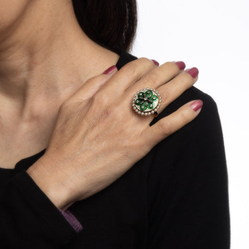 Bague 49 Bague vintage en or jaune avec diamants et perles, émail vert, grande taille, ronde 58 Facettes G11415