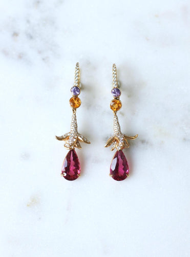 Lorenz Bäumer Boucles d'Oreilles Rubellite, Saphir, Héliodore et Diamant sur Or Jaune 58 Facettes