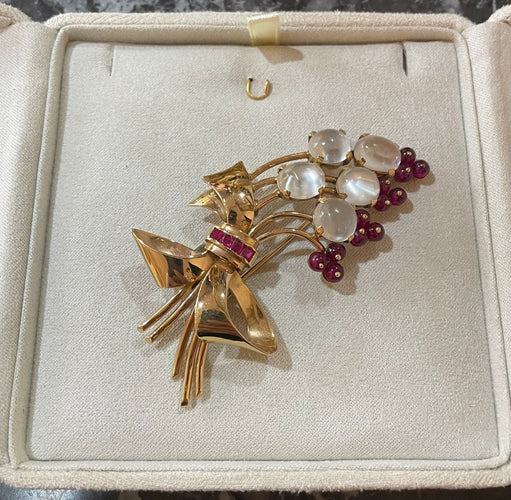 Broche Broche Rétro Bouquet pierres de lune et pierres rouges 58 Facettes BRO40