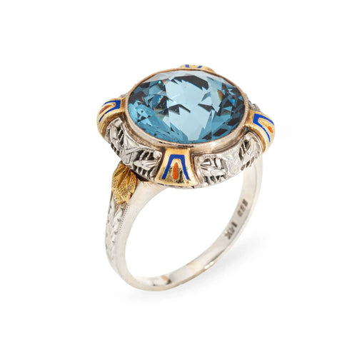 Bague Bague cocktail Art déco vintage en émail, bijoux en filigrane d'or 14 carats, pierre bleue 58 Facettes G13363