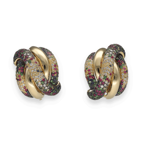 Boucles d'oreilles Boucles d'Oreilles Or Jaune 18k – Rubis, Saphirs, Émeraudes et Diamants – Années 1990 58 Facettes FB10814