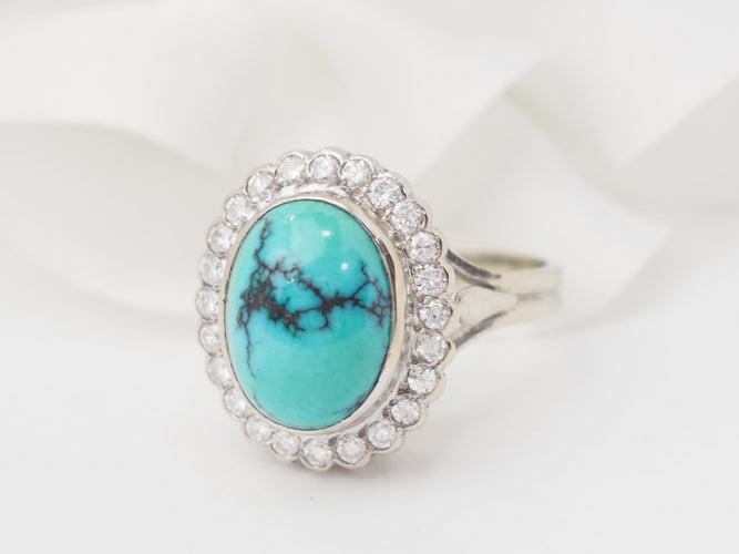 Bague 56 Bague pompadour en or blanc, diamants et Turquoise en cabochon 58 Facettes 33204
