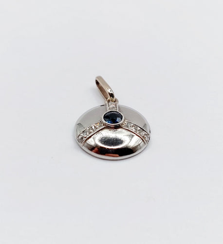 Colgante diana Art Deco en oro blanco de 18k, zafiro sintético y diamantes talla rosa 