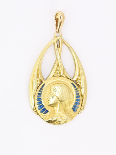Pendentif Médaille Art Nouveau Vierge de profil or jaune émail plique-à-jour bleu 58 Facettes 1153.13