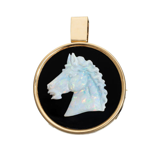 Broche Pendentif tête de cheval en opale sculptée, broche ronde Vintage en or jaune, Animal 58 Facettes G13429