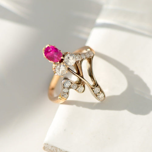 Bague 54 Antiker Jugendstil-Ring aus Roségold mit Rubin & Altschliffdiamanten – einzigartiges Unikat um 1900 58 Facettes