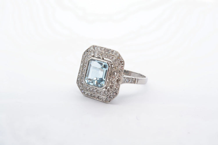 Bague 59 Bague Platine Aigue marine double entourage Diamants 58 Facettes 25078