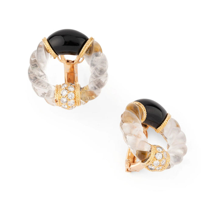 Boucles d'oreilles Boucheron - Boucles d'oreille Or Jaune, Onyx, Cristal de Roche et Diamants 58 Facettes 1