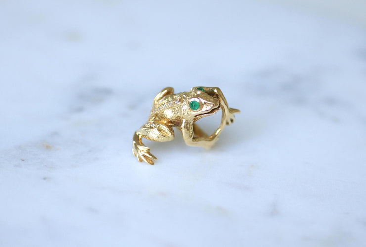 Bague 51.5 Bague Grenouille Emeraude et Diamant sur Or Jaune - 1970's 58 Facettes