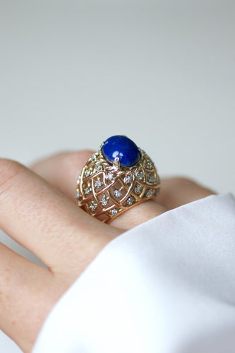 Bague 52 Bague Cocktail rétro or jaune, Lapis Lazuli et Diamants 58 Facettes