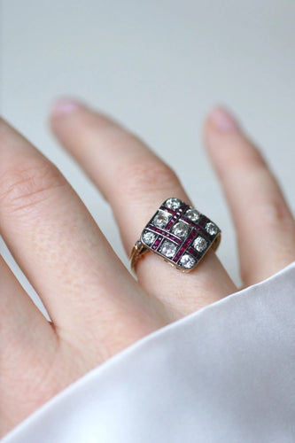 Antique Damier Ring with Calibrated Diamonds and Rubies