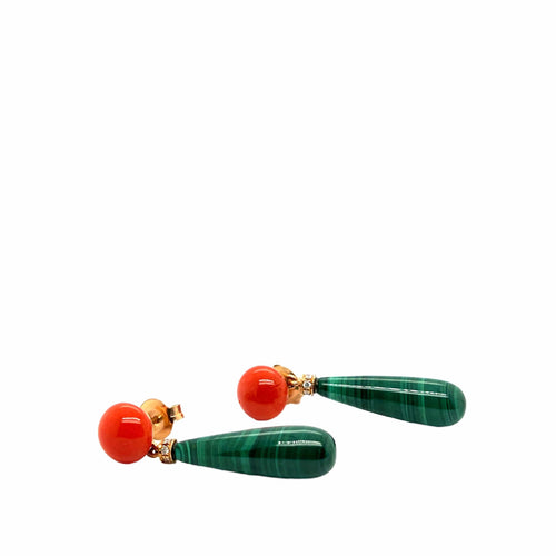 Boucles d'oreilles Boucle d'oreille en malachite, corail, diamant et or jaune 58 Facettes
