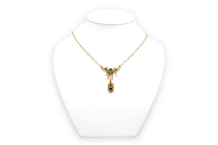 Collier Collier Art Nouveau en or jaune serti de tourmalines, de perles et de diamants 58 Facettes 22936