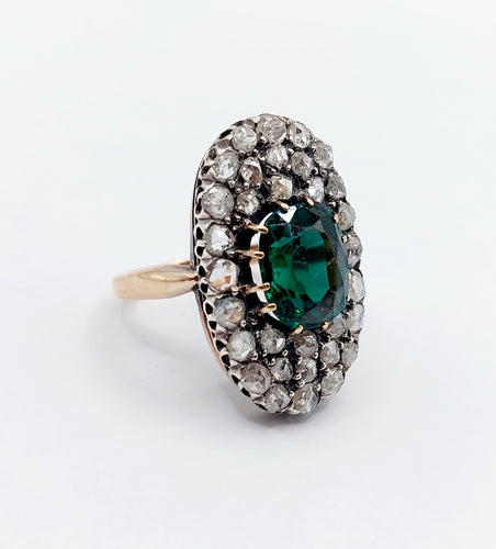 Antik marquise-ring i 18k rosaguld og Sølv, grøn granat-dublet og diamanter 