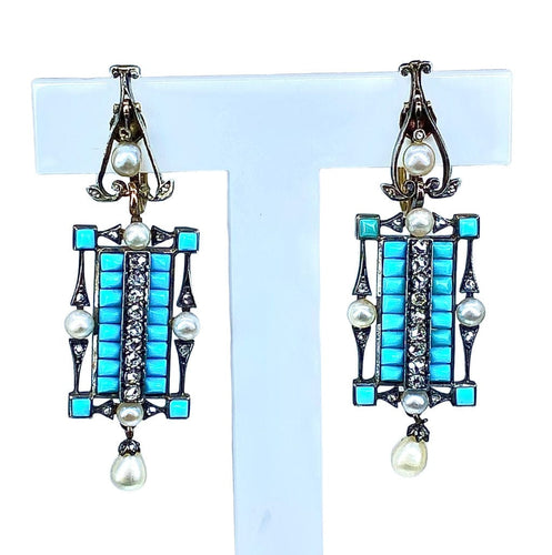 Boucles d'oreilles Boucles d’oreilles or jaune et argent, turquoises, diamants, perles fines, vers 1880 58 Facettes AB543