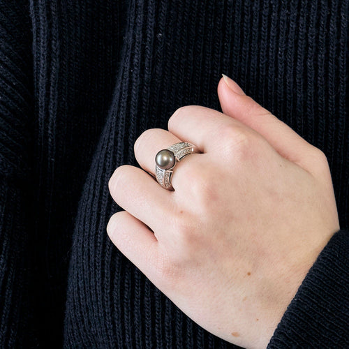 Bague 55 Bague jonc or blanc, perle de culture et diamants 58 Facettes 240760