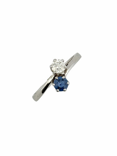 Bague 53 Bague Toi et Moi en or blanc 18 carats diamant et saphir 58 Facettes