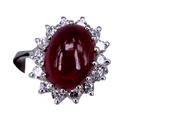 Bague 55 Bague Rubis Ovale Cabochon et Diamants en or blanc 58 Facettes BA-161