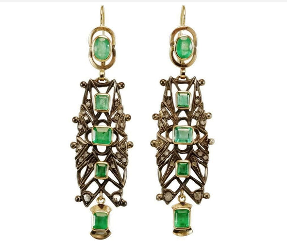 Boucles d'oreilles Antique emeralds diamonds gold Catalan earrings 58 Facettes 7488